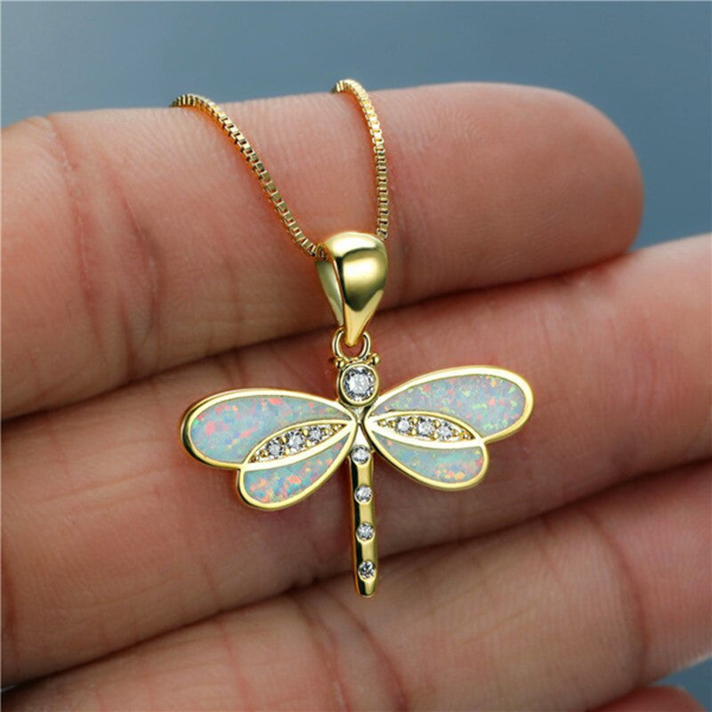 Opal Dragonfly Pendant Necklace