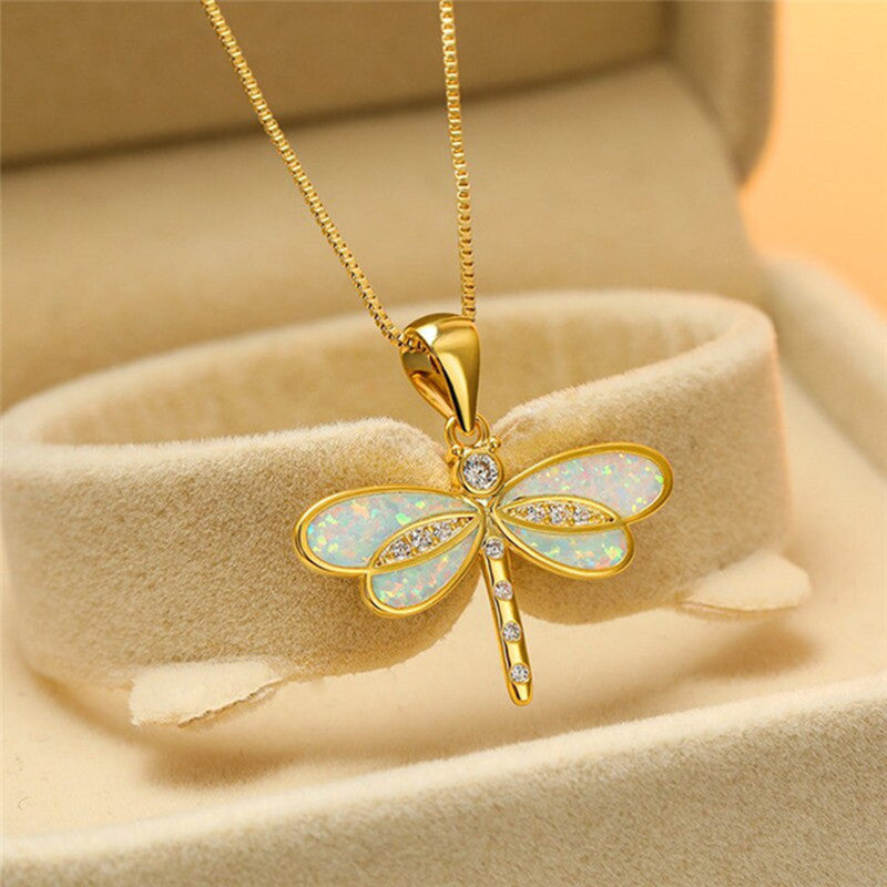 Opal Dragonfly Pendant Necklace